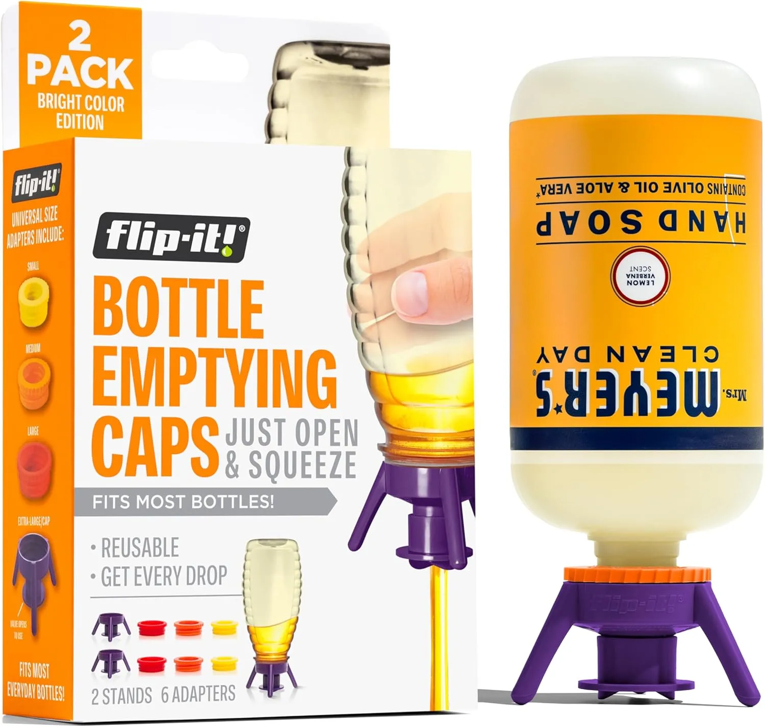 2-Pack Premium Bottle Emptying Kit  No More Wasted Product - Fits Most Plastic Bottles  Get Out Every Drop of Shampoos, Lotions, & More  2 Base Caps, 6 Adapters  Bright Color Edition