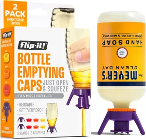 2-Pack Premium Bottle Emptying Kit  No More Wasted Product - Fits Most Plastic Bottles  Get Out Every Drop of Shampoos, Lotions, & More  2 Base Caps, 6 Adapters  Bright Color Edition