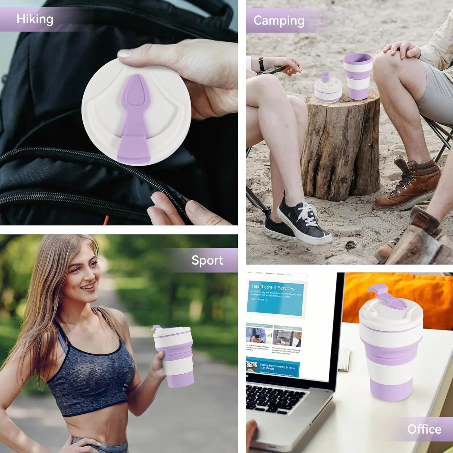2Pcs Collapsible Cup for Traveling, Collapsible Silicone Travel Cup for Hot and 2 Drinks, Leak Proof Silicone Folding Travel Coffee Mug for Camping & Hiking, BPA Free 12oz Purple