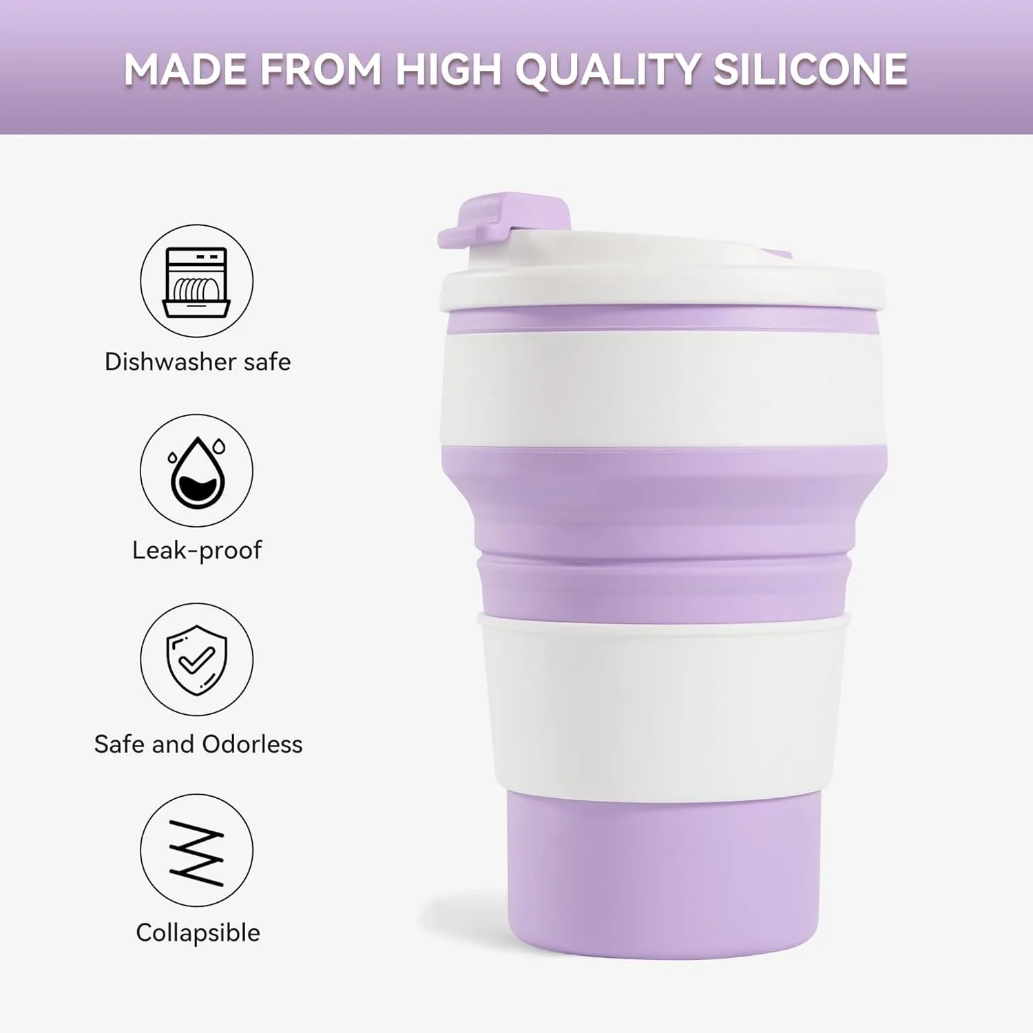 2Pcs Collapsible Cup for Traveling, Collapsible Silicone Travel Cup for Hot and 2 Drinks, Leak Proof Silicone Folding Travel Coffee Mug for Camping & Hiking, BPA Free 12oz Purple
