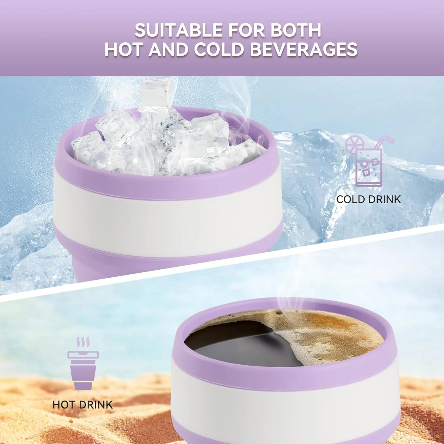 2Pcs Collapsible Cup for Traveling, Collapsible Silicone Travel Cup for Hot and 2 Drinks, Leak Proof Silicone Folding Travel Coffee Mug for Camping & Hiking, BPA Free 12oz Purple
