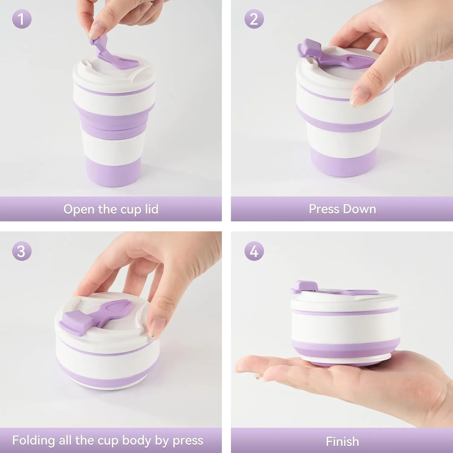 2Pcs Collapsible Cup for Traveling, Collapsible Silicone Travel Cup for Hot and 2 Drinks, Leak Proof Silicone Folding Travel Coffee Mug for Camping & Hiking, BPA Free 12oz Purple