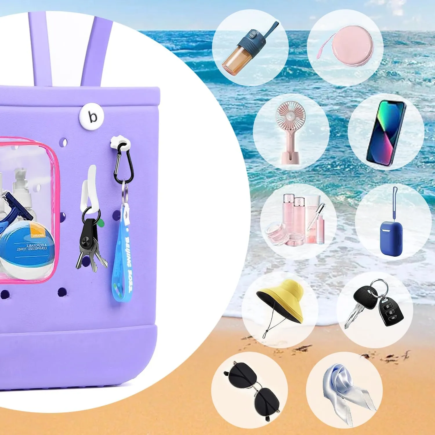 3 Packs Clear Bogg Beach Tote Bag with 2 Pack Insert Hooks Accessories for Bogg Bags Travel Makeup Clean Toiletry Brush Organizer Cosmetic Divider Storage Inner Pouch