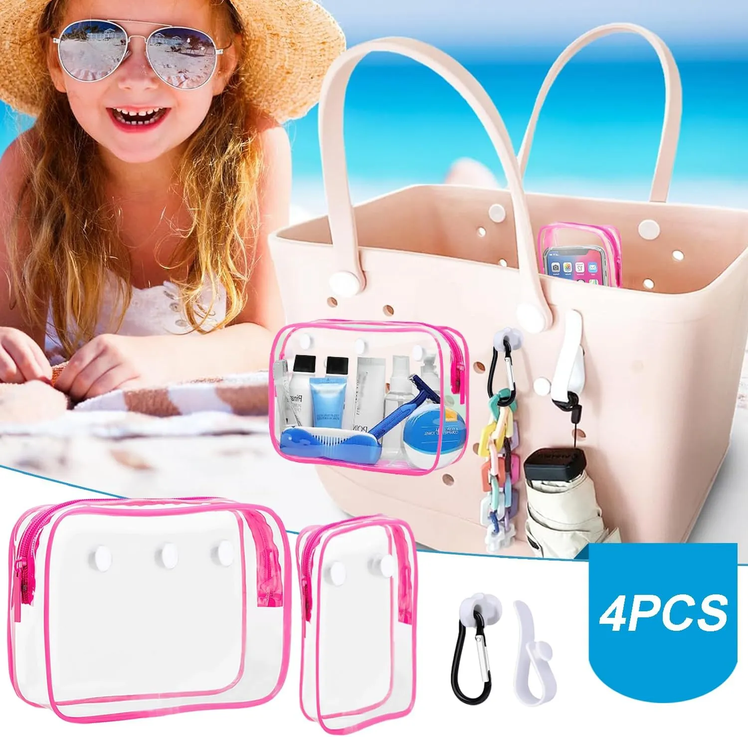 3 Packs Clear Bogg Beach Tote Bag with 2 Pack Insert Hooks Accessories for Bogg Bags Travel Makeup Clean Toiletry Brush Organizer Cosmetic Divider Storage Inner Pouch