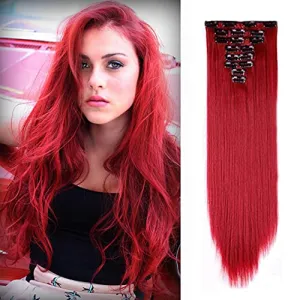 Benehair Clip in Hair Extensions 8PCS 26inch Long Straight Synthetic Hairpieces Dark Red Hair Extensions Double Weft Hairpieces for Women Full Head Cosplay Party Wedding Hairpiece