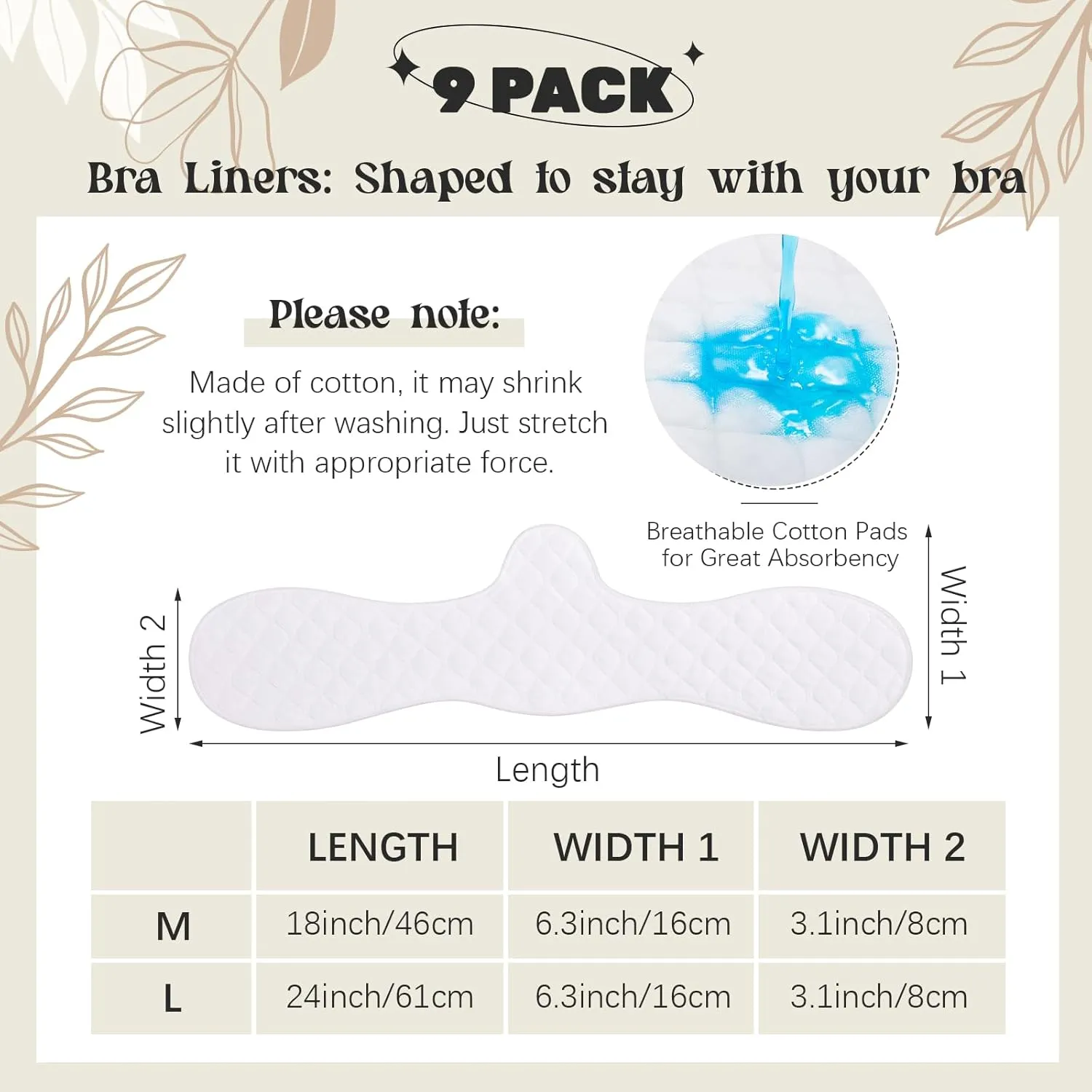 Boyiee 9 Pcs Cotton Bra Liners 3 Layer Reusable Washable Under Breast Sweat Absorber Pads for Woman, 2 Size