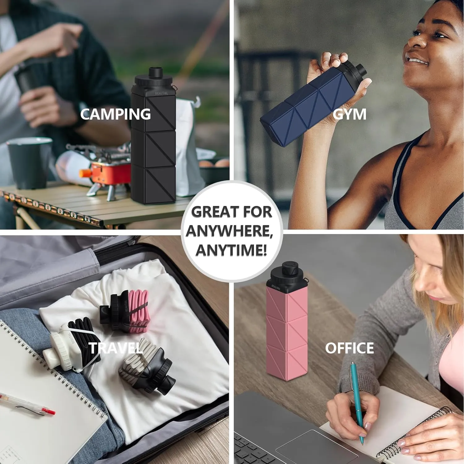 Collapsible Water Bottles 20.6oz, Silicone Foldable Portable Travel Water Bottle, Folding Lightweight Reusable Leakproof for Traveling Camping Hiking Cycling Yoga Sports Outdoor