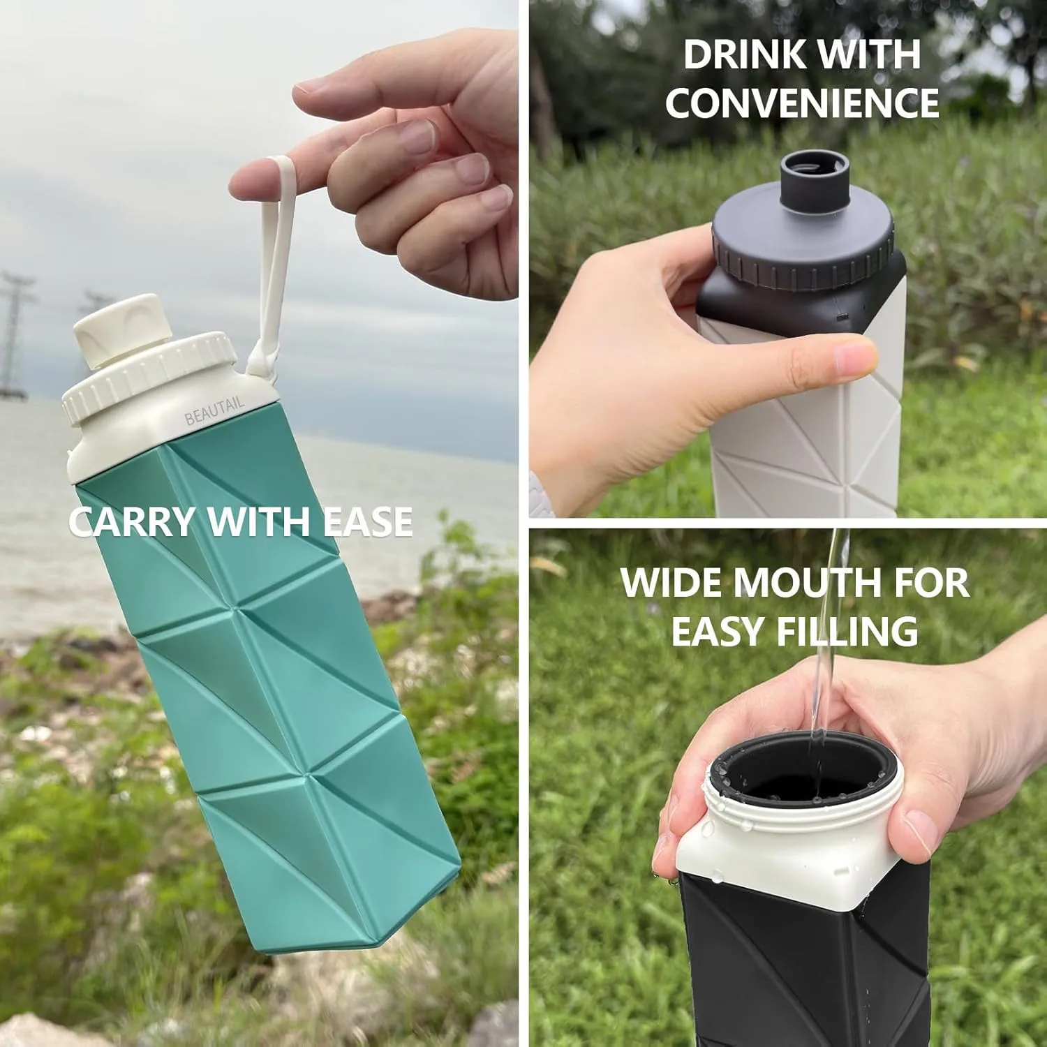 Collapsible Water Bottles 20.6oz, Silicone Foldable Portable Travel Water Bottle, Folding Lightweight Reusable Leakproof for Traveling Camping Hiking Cycling Yoga Sports Outdoor