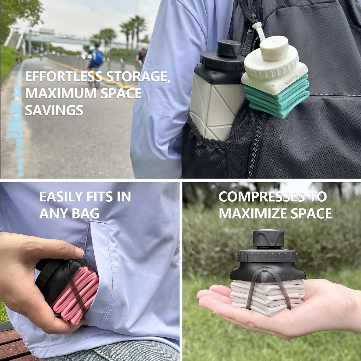 Collapsible Water Bottles 20.6oz, Silicone Foldable Portable Travel Water Bottle, Folding Lightweight Reusable Leakproof for Traveling Camping Hiking Cycling Yoga Sports Outdoor