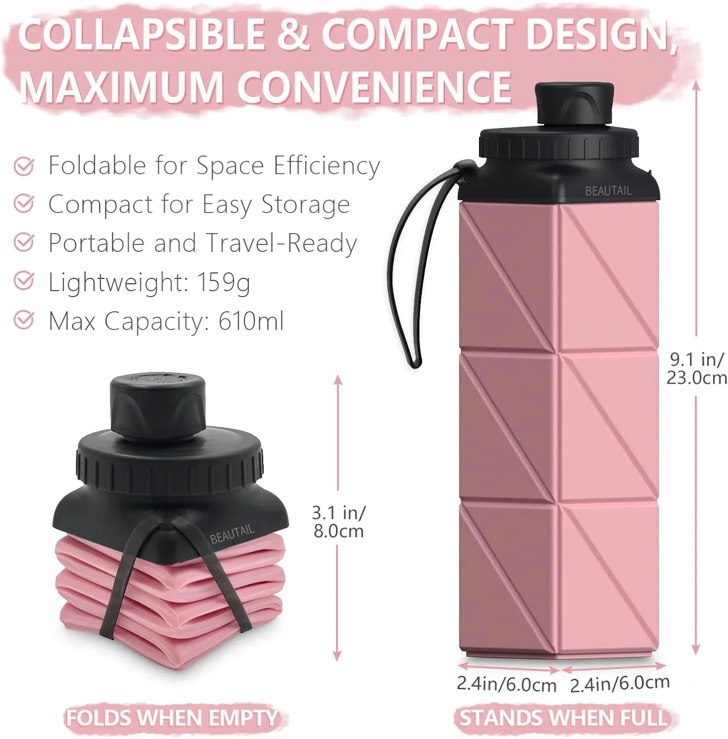 Collapsible Water Bottles 20.6oz, Silicone Foldable Portable Travel Water Bottle, Folding Lightweight Reusable Leakproof for Traveling Camping Hiking Cycling Yoga Sports Outdoor