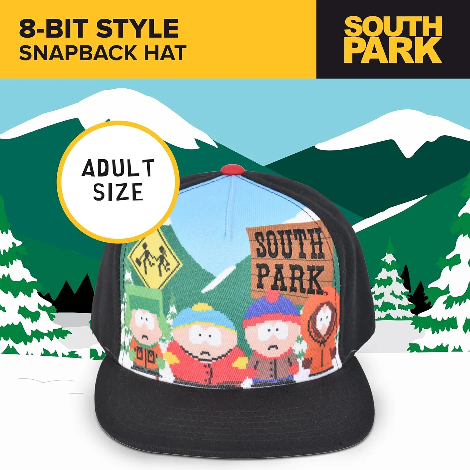Concept One South Park Gang 8-bit Style Adjustable Snapback Baseball Hat with Flat Brim