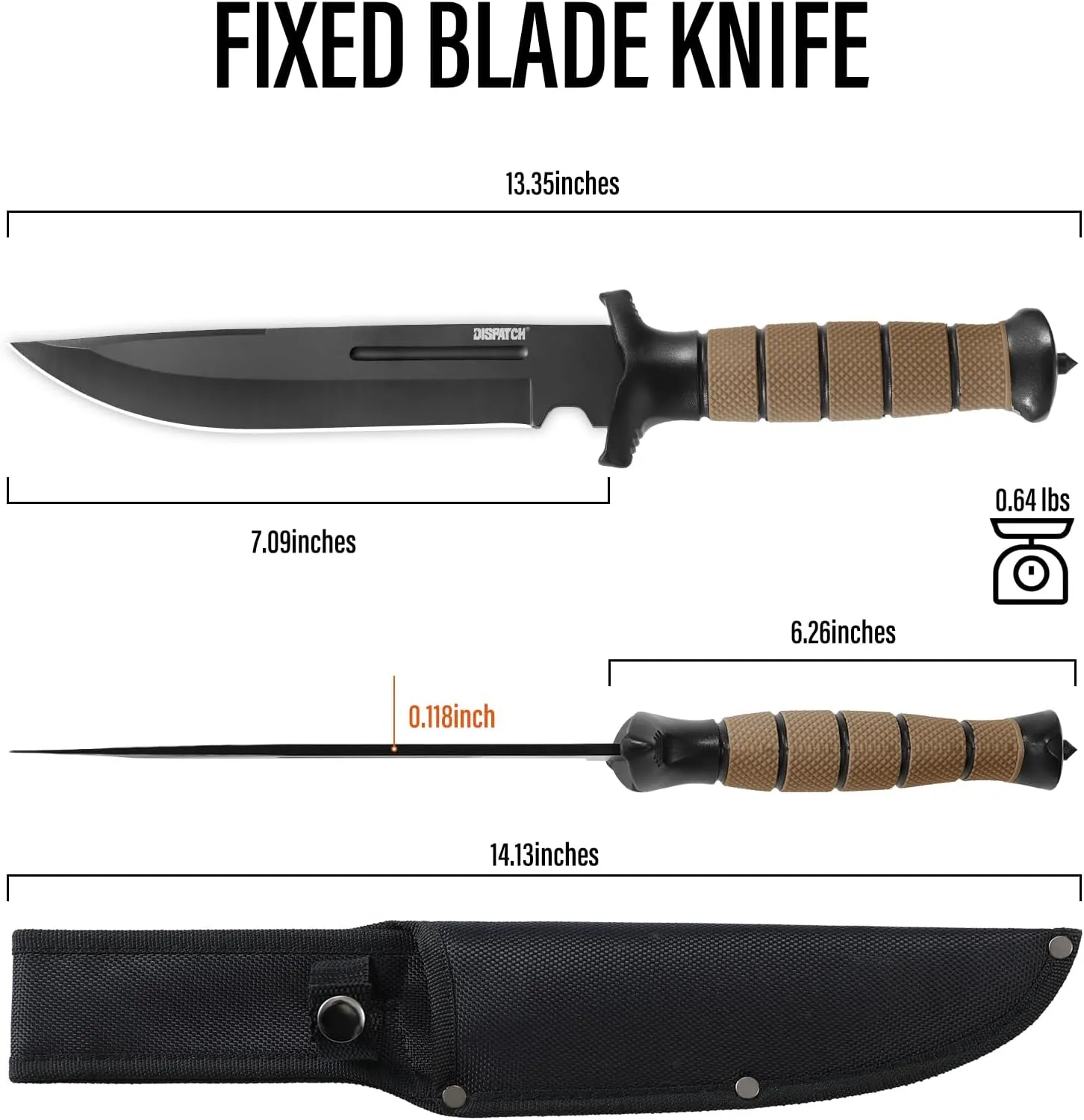Dispatch Fixed Blade Survival Knife with Sheath and Glass Breaker, 14 Bushcraft Knives with Durable ABS and Non-Slip Rubberized TPR Handle for Camping, Hiking, Hunting, Outdoor Activities
