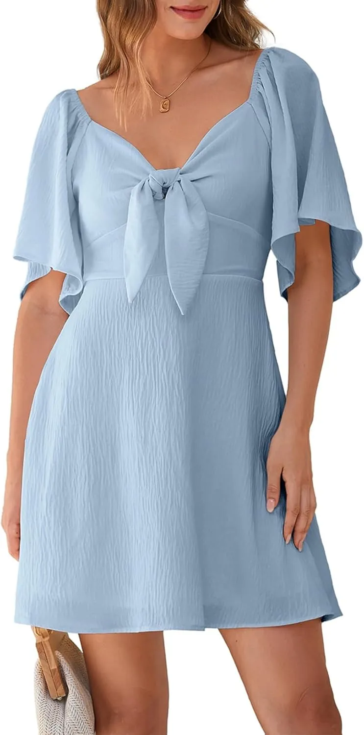 Dokotoo Womens Dresses 2025 Spring Summer Deep V Neck Elegant Bow tie Mini Dress S-XL
