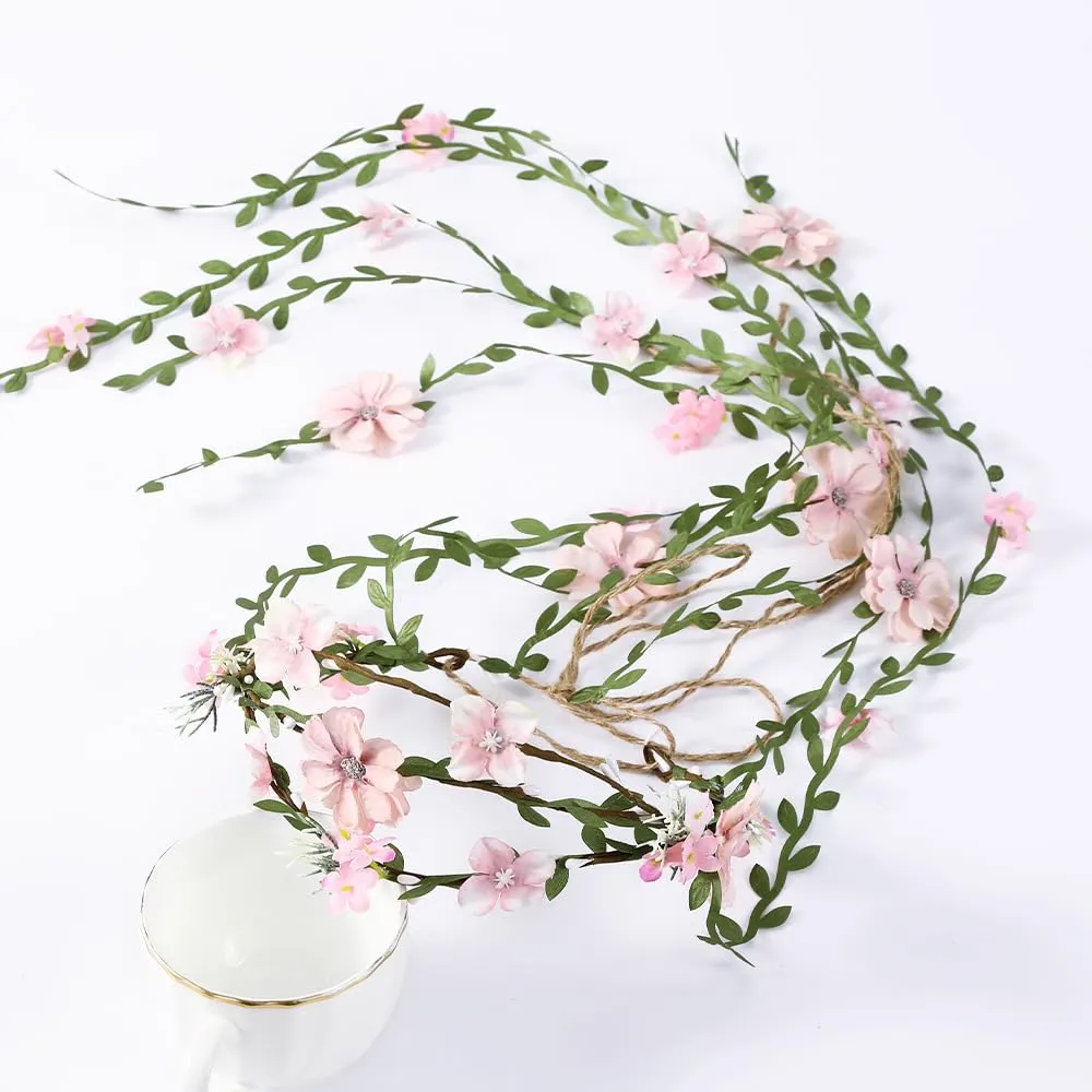 Flower Crowns Wands for WeddingHeadband Hair Wreath Accessory Wedding Veil Flower Crown for Women Headpiece Floral Crown for Women with Wicker (Pink, Adjustable)