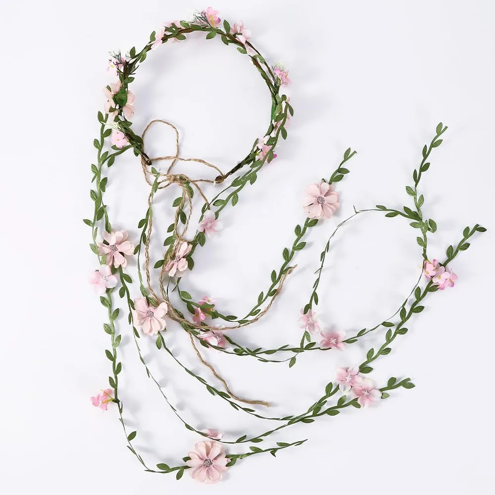 Flower Crowns Wands for WeddingHeadband Hair Wreath Accessory Wedding Veil Flower Crown for Women Headpiece Floral Crown for Women with Wicker (Pink, Adjustable)