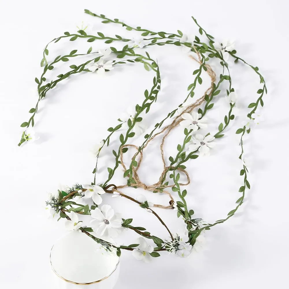 Flower Crowns Wands for WeddingHeadband Hair Wreath Accessory Wedding Veil Flower Crown for Women Headpiece Floral Crown for Women with Wicker (White, Adjustable)