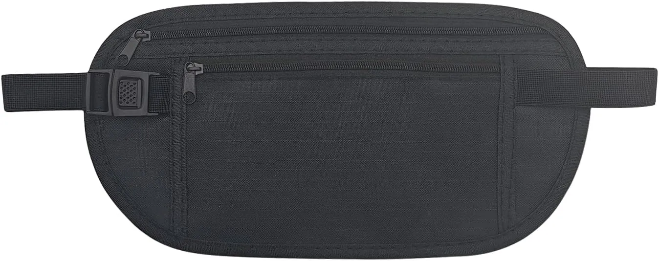 FuninCrea Money Belt, Nylon Fanny Pack Hidden Belt Bag with RFID Blocking for Women Men, Anti-theft Waist Pack Under Clothes with Adjustable Buckle for Travel, Running, Hiking, Cycling (black)