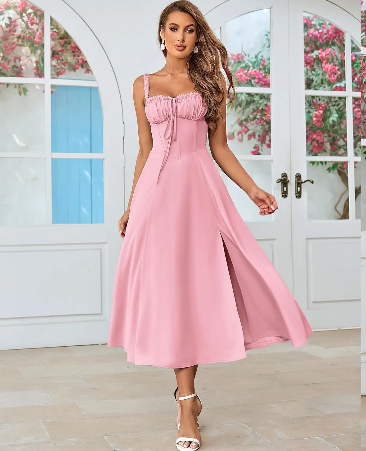 GLNEGE Women's Summer Corset Midi Dress Casual Lace Up Flowy Milkmaid Dresses A-Line Boho Sundress