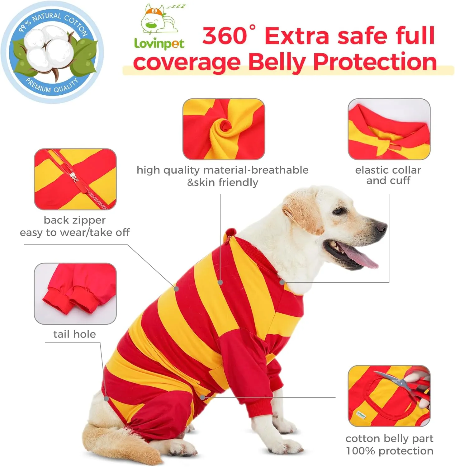 LovinPet Dog Recovery Suit - Medium Large Dog Professional Recovery Suit Leg wrap,Wide Stripe,red,Post-Operative Vest E-Collar Alternative Recovery Shirt Cut-Out Design of Abdomen,3XL