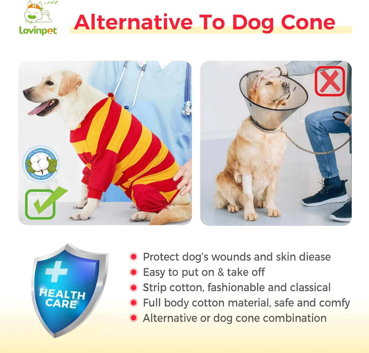 LovinPet Dog Recovery Suit - Medium Large Dog Professional Recovery Suit Leg wrap,Wide Stripe,red,Post-Operative Vest E-Collar Alternative Recovery Shirt Cut-Out Design of Abdomen,3XL
