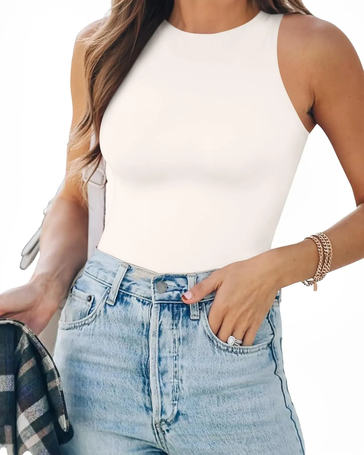 MANGOPOP Tank Top Body Suits Women Sexy Crew Neck Racerback Halter Ribbed Sleeveless Bodysuit for Women