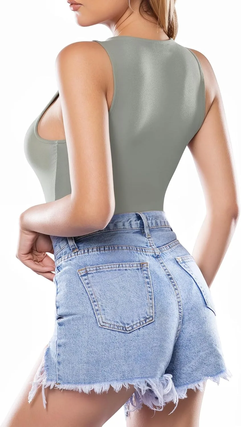 MANGOPOP Tank Top Body Suits Women Sexy Crew Neck Racerback Halter Ribbed Sleeveless Bodysuit for Women