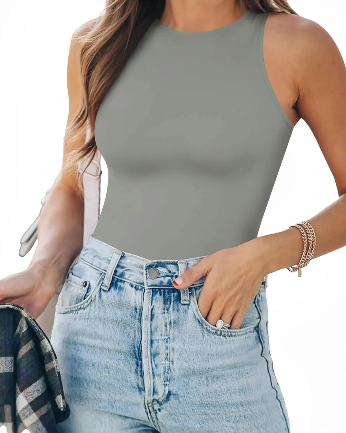 MANGOPOP Tank Top Body Suits Women Sexy Crew Neck Racerback Halter Ribbed Sleeveless Bodysuit for Women