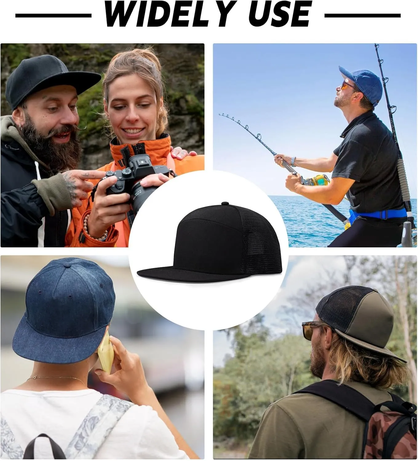 Men Flat Brim Adjustable Snapback Trucker Hat 6 Panel Camper Style Hat Blank Mesh Back Baseball Cap