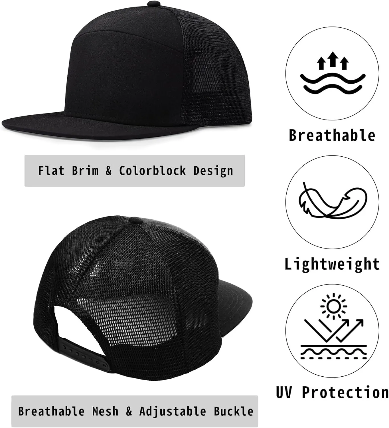 Men Flat Brim Adjustable Snapback Trucker Hat 6 Panel Camper Style Hat Blank Mesh Back Baseball Cap