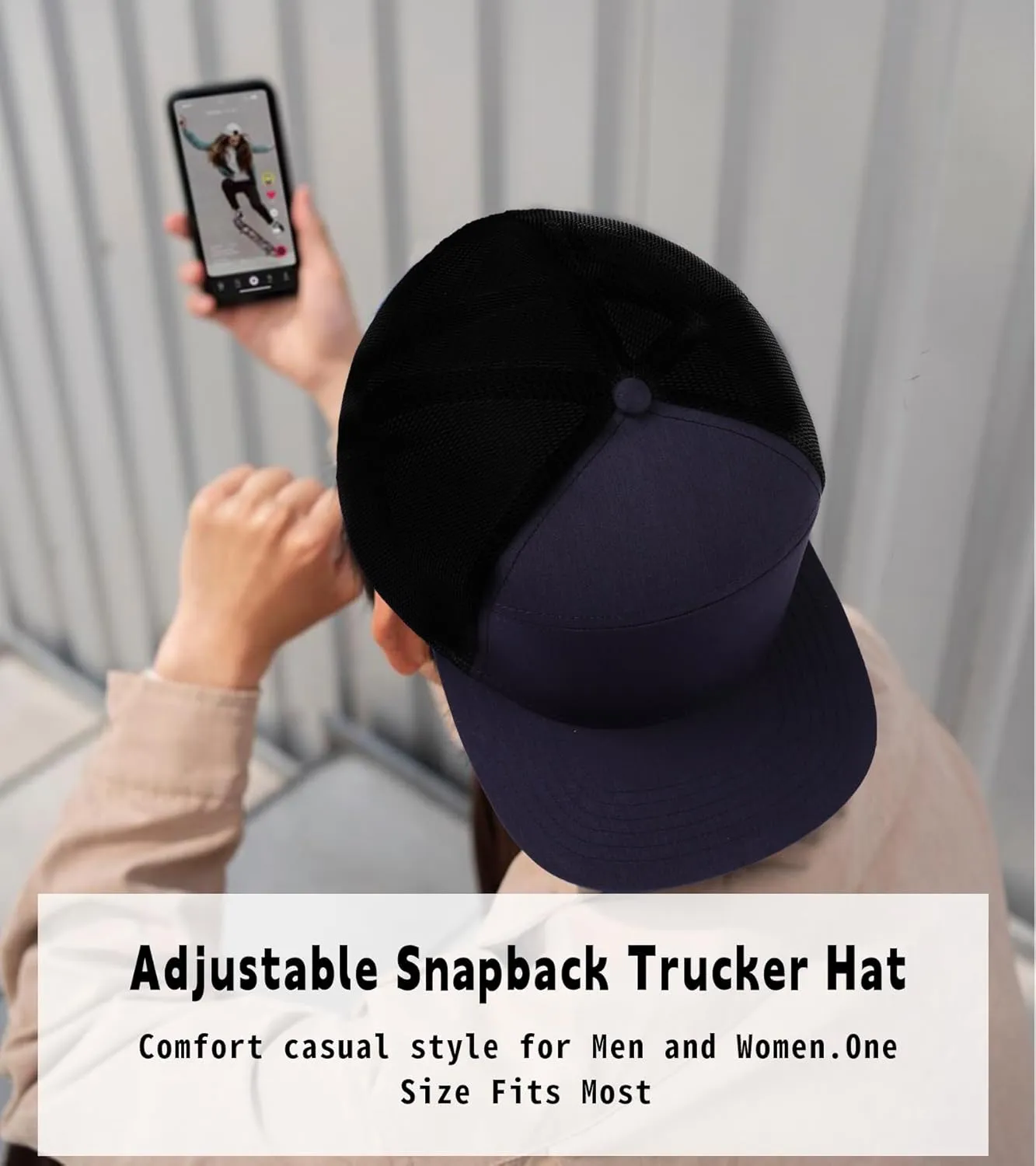 Men Flat Brim Adjustable Snapback Trucker Hat 6 Panel Camper Style Hat Blank Mesh Back Baseball Cap