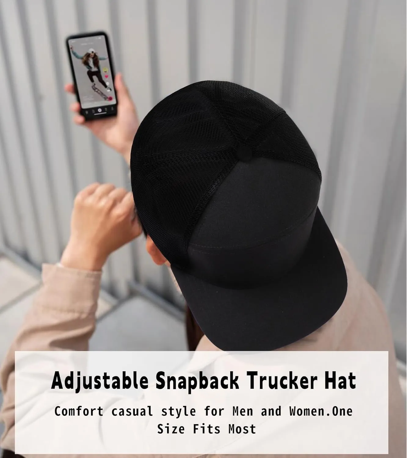 Men Flat Brim Adjustable Snapback Trucker Hat 6 Panel Camper Style Hat Blank Mesh Back Baseball Cap