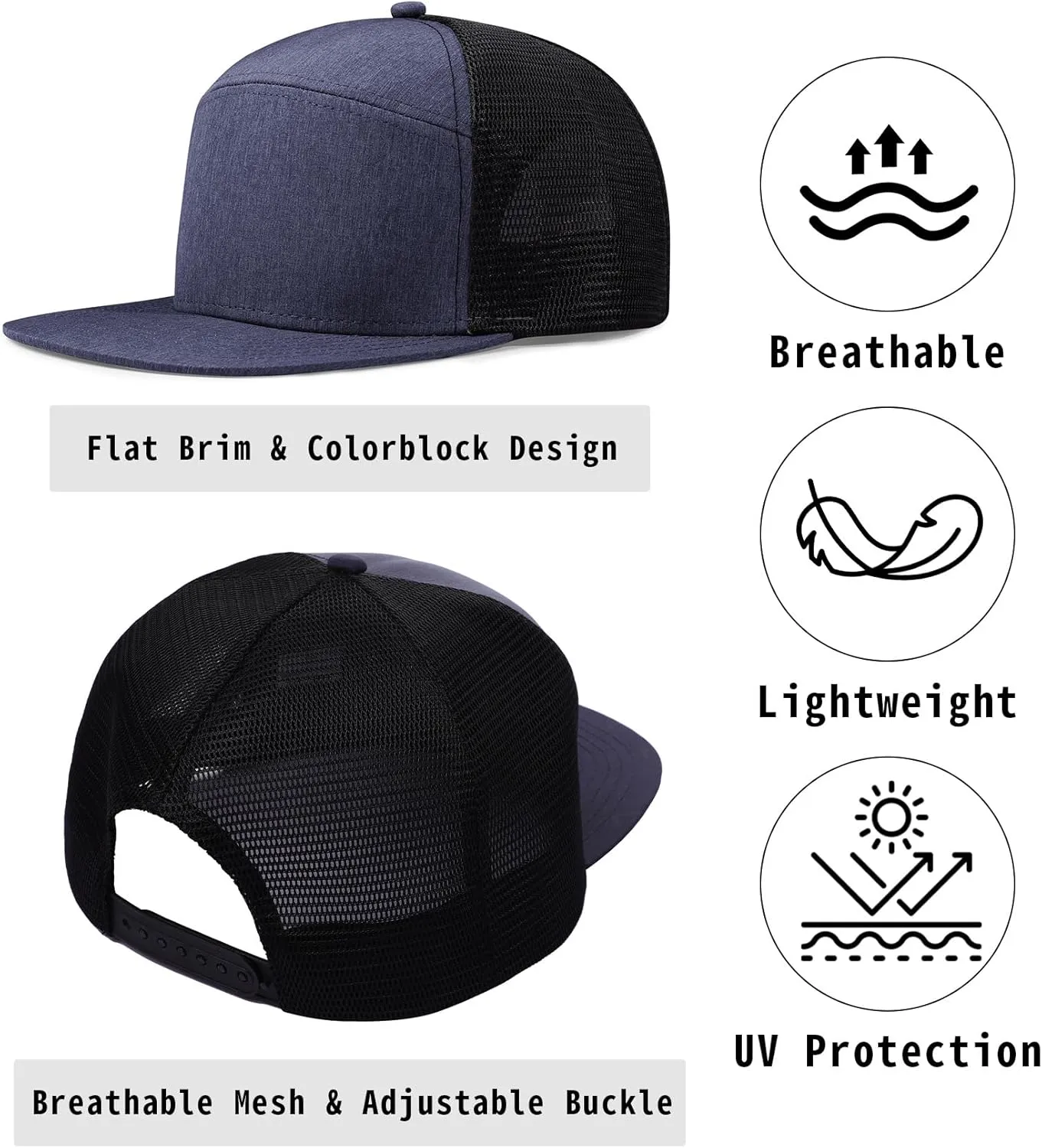 Men Flat Brim Adjustable Snapback Trucker Hat 6 Panel Camper Style Hat Blank Mesh Back Baseball Cap