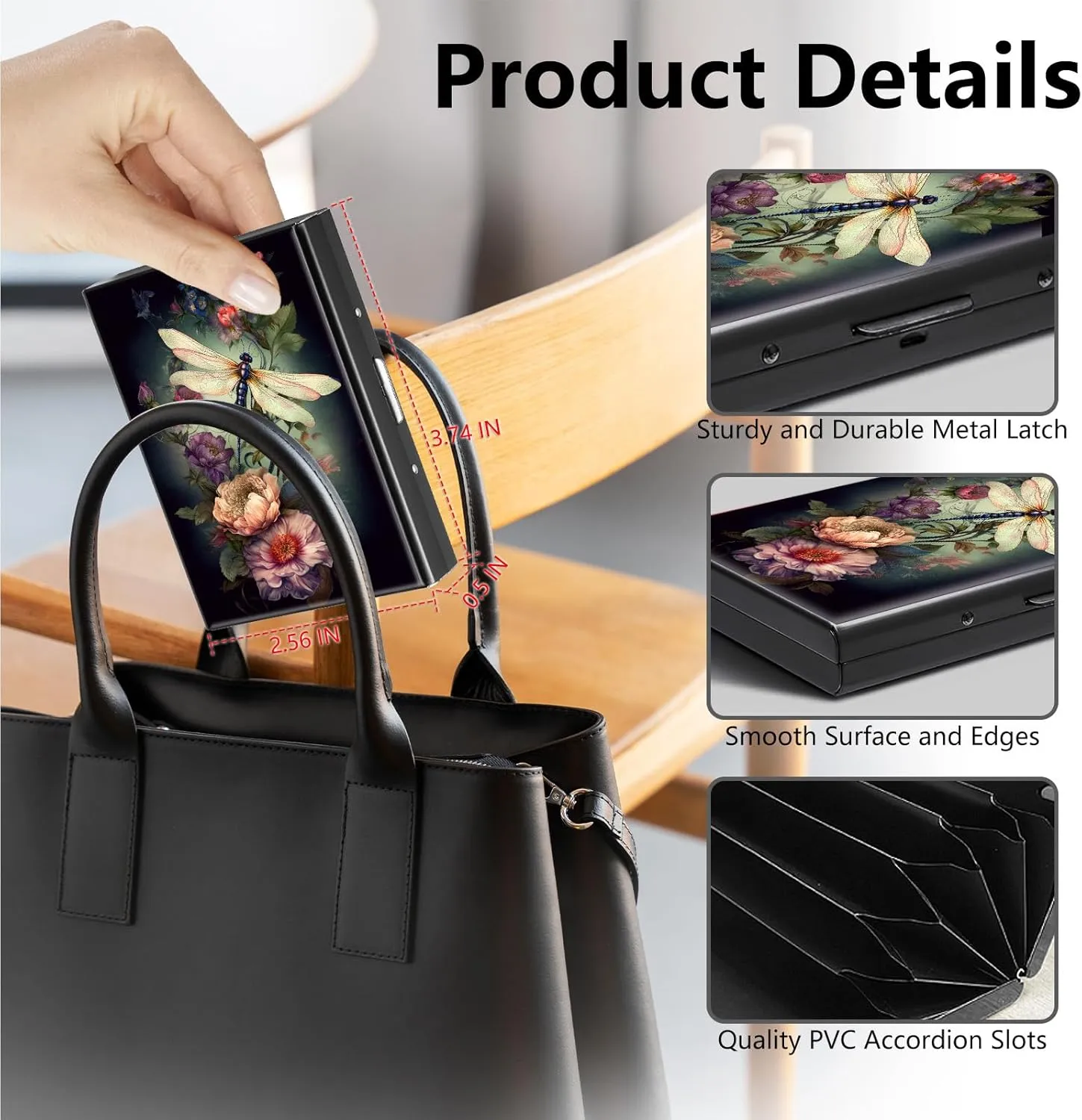 Metal Wallet,Credit Card Holder for Women Men,Thin Slim Mini Aluminum Wallet RFID Blocking Card Holder Hard Card Case Small Business Card Holder ID Case Travel Wallet,Dragonfly Flower