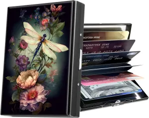 Metal Wallet,Credit Card Holder for Women Men,Thin Slim Mini Aluminum Wallet RFID Blocking Card Holder Hard Card Case Small Business Card Holder ID Case Travel Wallet,Dragonfly Flower