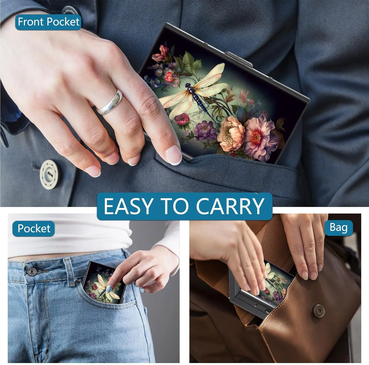 Metal Wallet,Credit Card Holder for Women Men,Thin Slim Mini Aluminum Wallet RFID Blocking Card Holder Hard Card Case Small Business Card Holder ID Case Travel Wallet,Dragonfly Flower