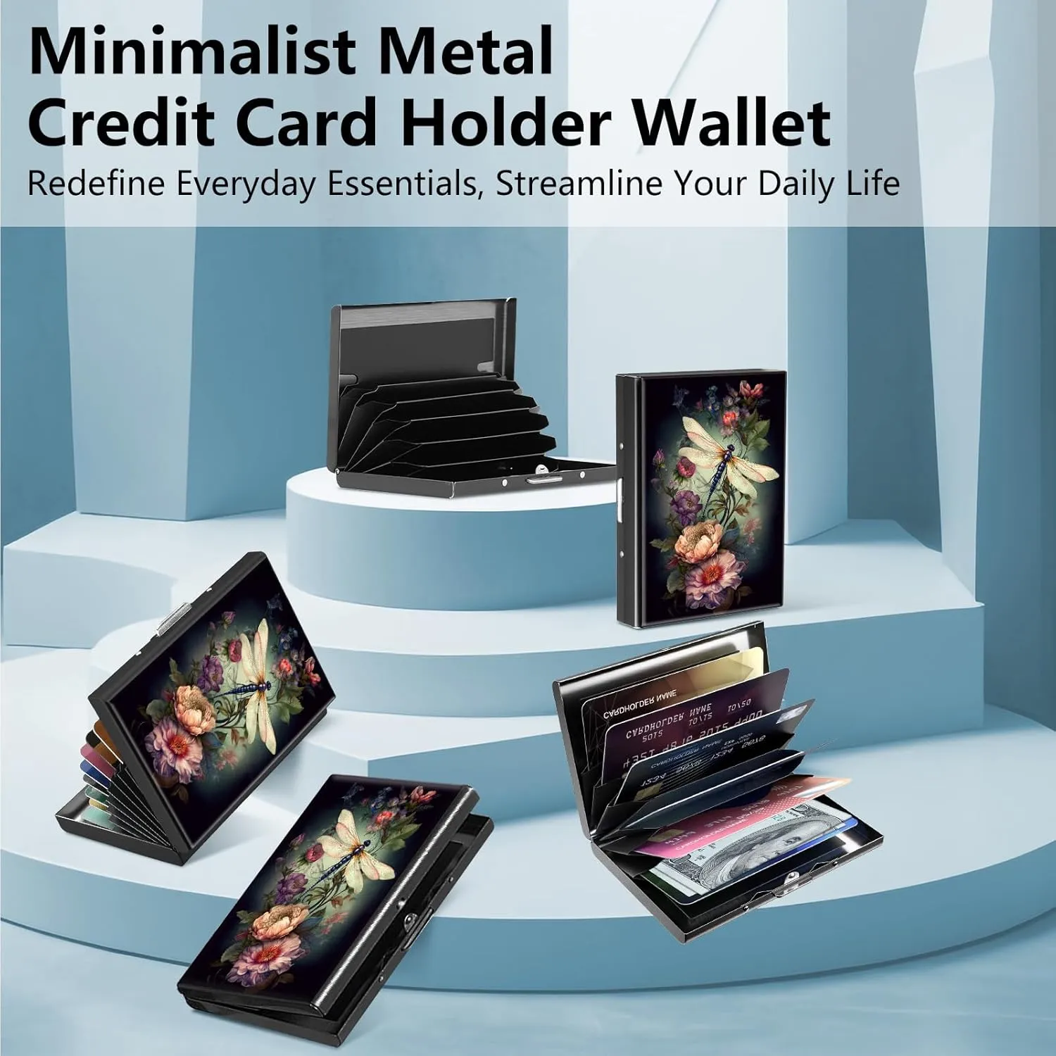 Metal Wallet,Credit Card Holder for Women Men,Thin Slim Mini Aluminum Wallet RFID Blocking Card Holder Hard Card Case Small Business Card Holder ID Case Travel Wallet,Dragonfly Flower