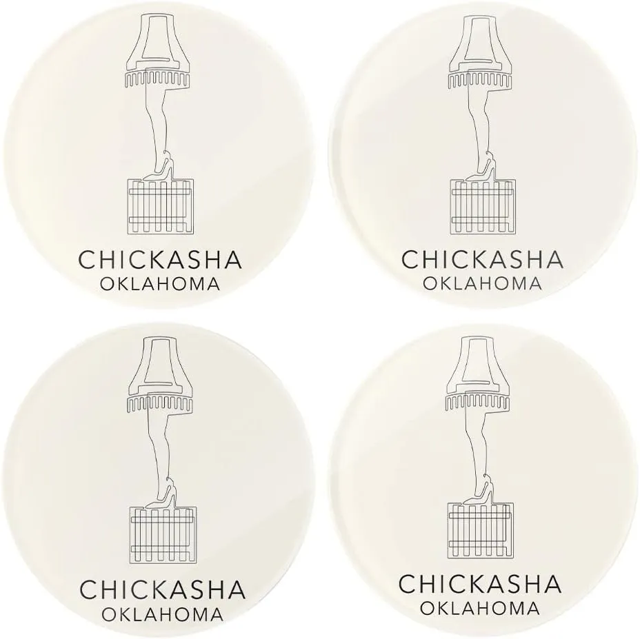 Modern Minimalist Oklahoma Chickasha Leg Lamp, Joyride Home Decor, 4 Glass Coasters, 4-Inch Circle Drink Coasters, Set of 4, Non-Slip Cork Back, Protects Surfaces, Express Your Style.