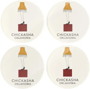 Modern Minimalist Oklahoma Colorful Chickasha Leg Lamp, Joyride Home Decor, 4 Glass Coasters, 4-Inch Circle Drink Coasters, Set of 4, Non-Slip Cork Back, Protects Surfaces, Express Your Style.