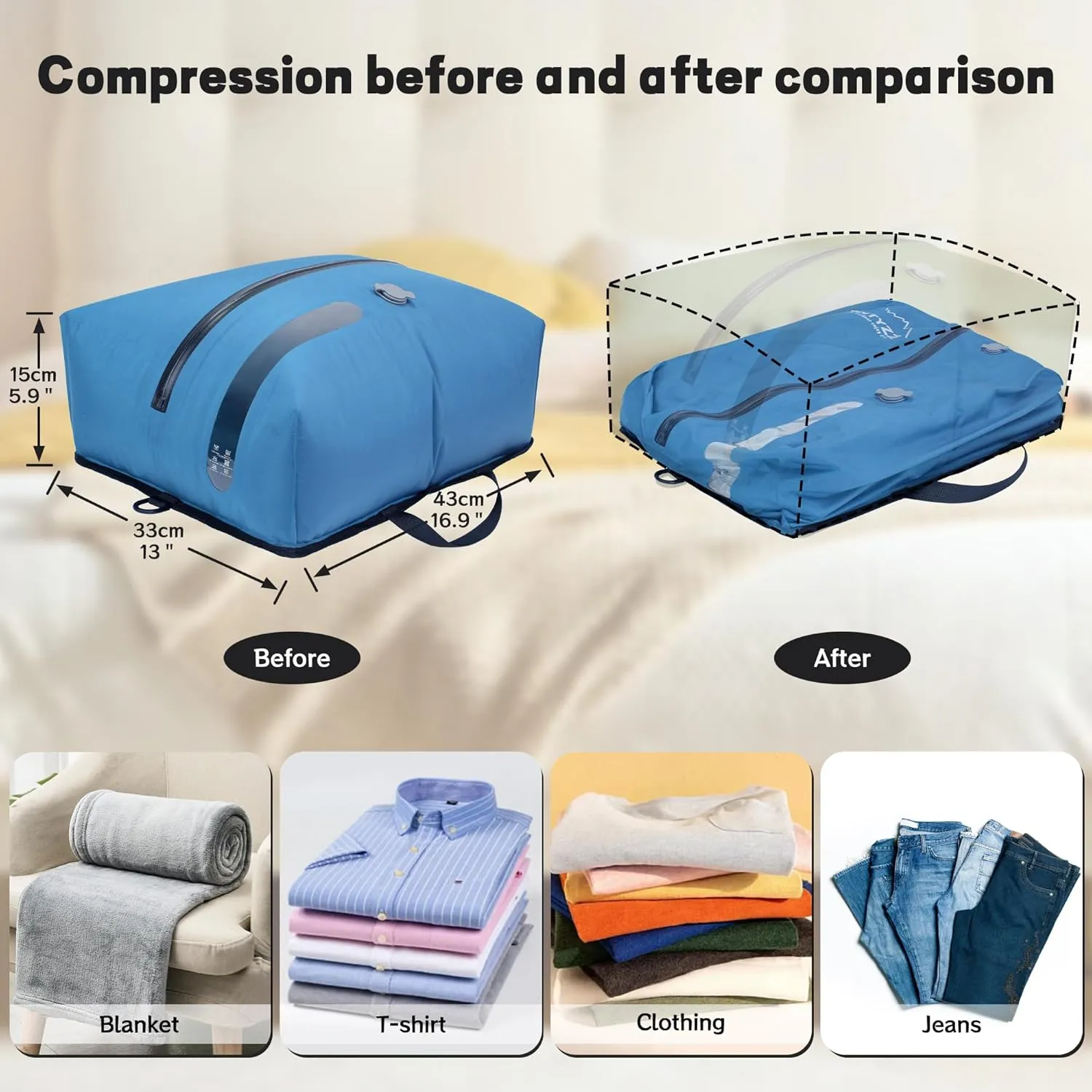 ONTYZZ Travel Vacuum Compression Bags Reusable Compression Bag with IP67 Waterproof Zipper Space Saver Vacuum Bags for Suitcase,Two Pack Blue