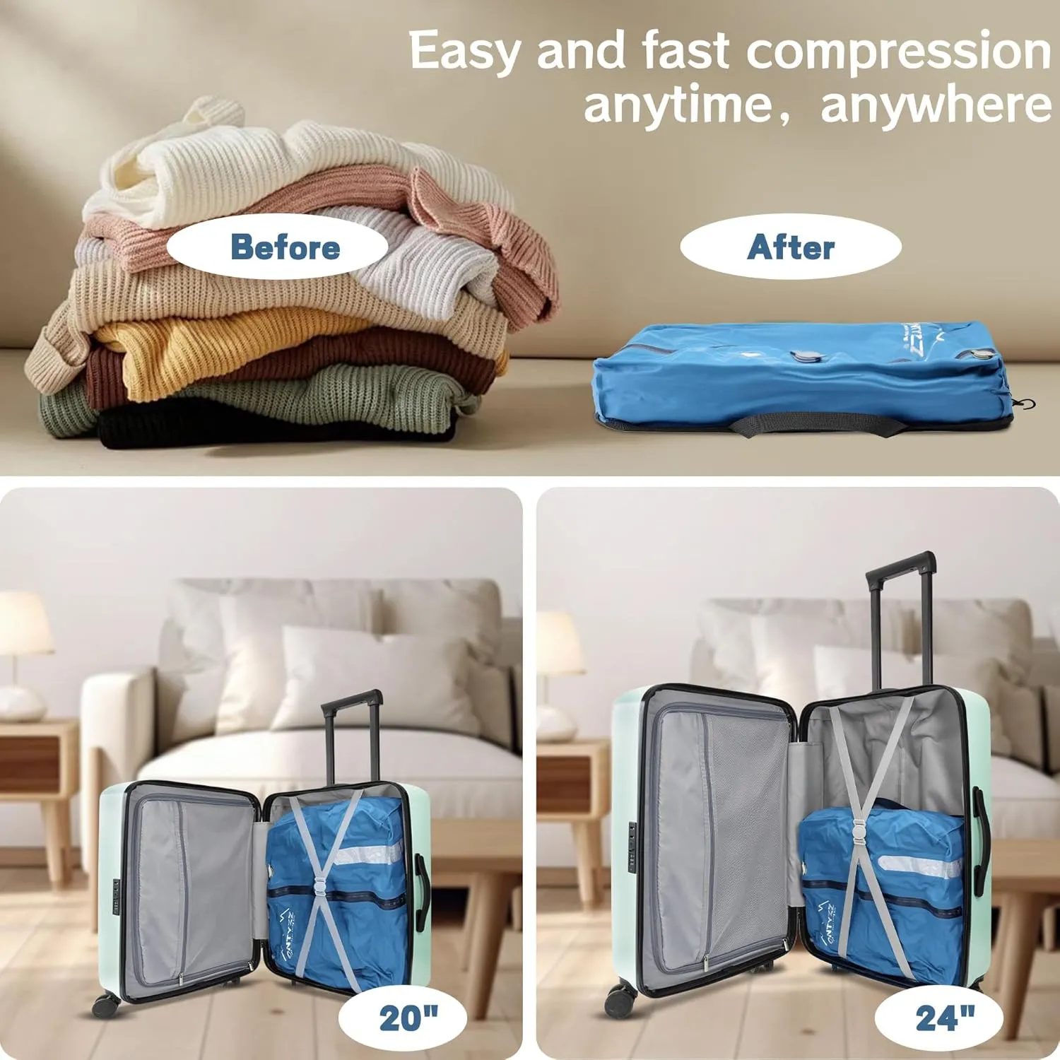 ONTYZZ Travel Vacuum Compression Bags Reusable Compression Bag with IP67 Waterproof Zipper Space Saver Vacuum Bags for Suitcase,Two Pack Blue