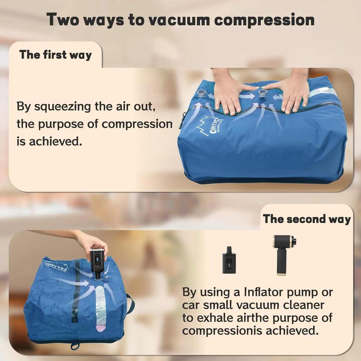 ONTYZZ Travel Vacuum Compression Bags Reusable Compression Bag with IP67 Waterproof Zipper Space Saver Vacuum Bags for Suitcase,Two Pack Blue