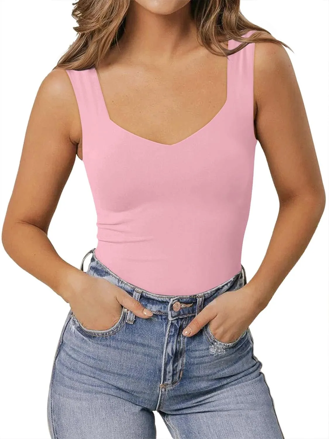 PINKMSTYLE Women's Basic Double Lined V Neck Tank Tops Sleeveless Shirts Slimming Summer Tops