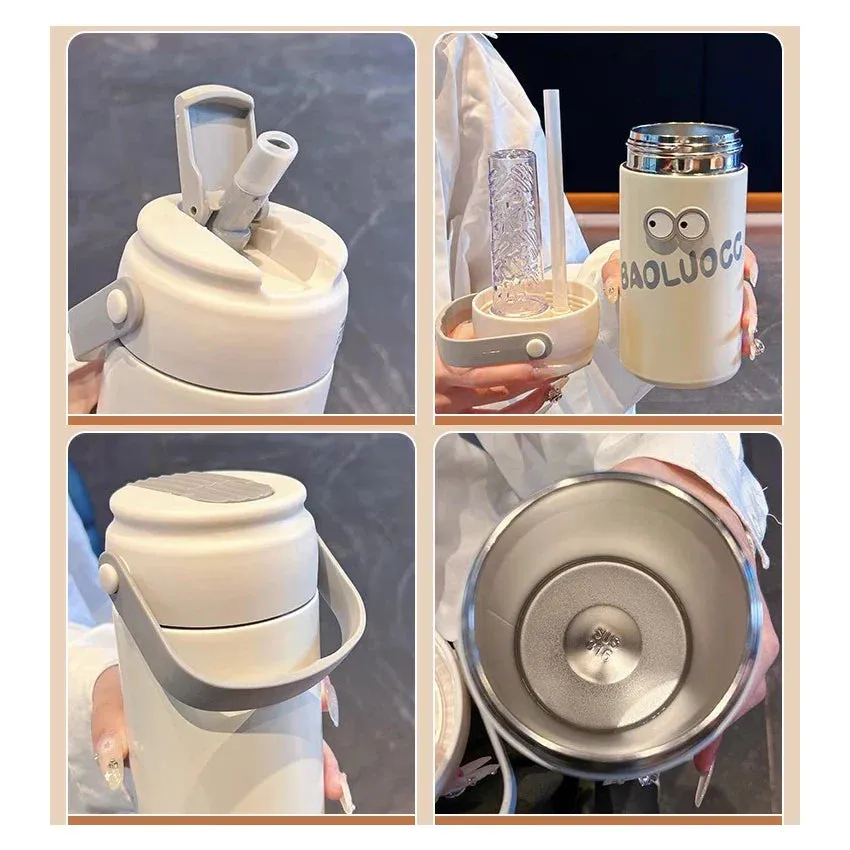 SINOTAO  -  Cute Thermos Bottle With Tea Filter 3D Sticker Vacuum Flask Stainless Steel Water Coffee Milk Travel Straw Cup 550/750ml Gift