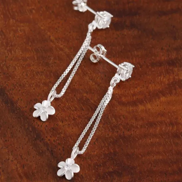 Sterling Silver CZ and Box Chain Plumeria Post Earrings