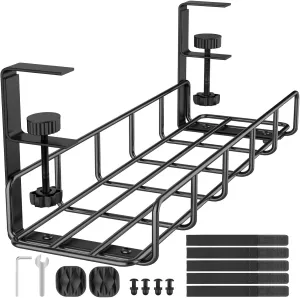 Under Desk Cable Management Tray, 15.7'' No Drill Steel Cable Tray Organizers, Wire Management Tray Cable Rack with Clamp Mount, Metal Under Desk Tray with Wire and Cord Organizer