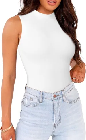 WAYMAKER Mock Neck Bodysuits for Women Sleeveless Basic Tank Top Body Suit Shirts