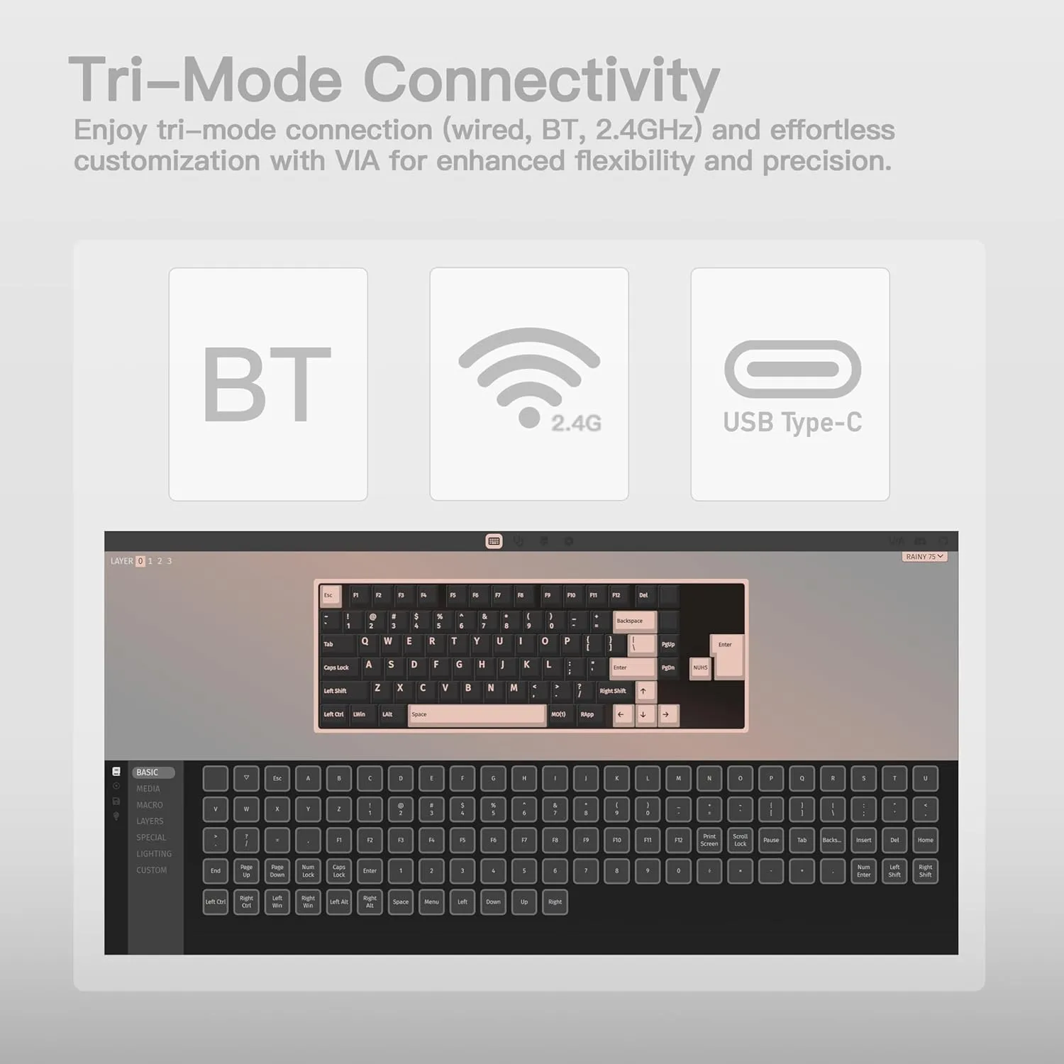 WOBKEY Rainy 75 Aluminum HMX/JWK Switches Mechanical Keyboard with Superior Acoustics, Wired, BT, 2.4G Wireless Connectivity (Pro - Silver(WOB Switch))