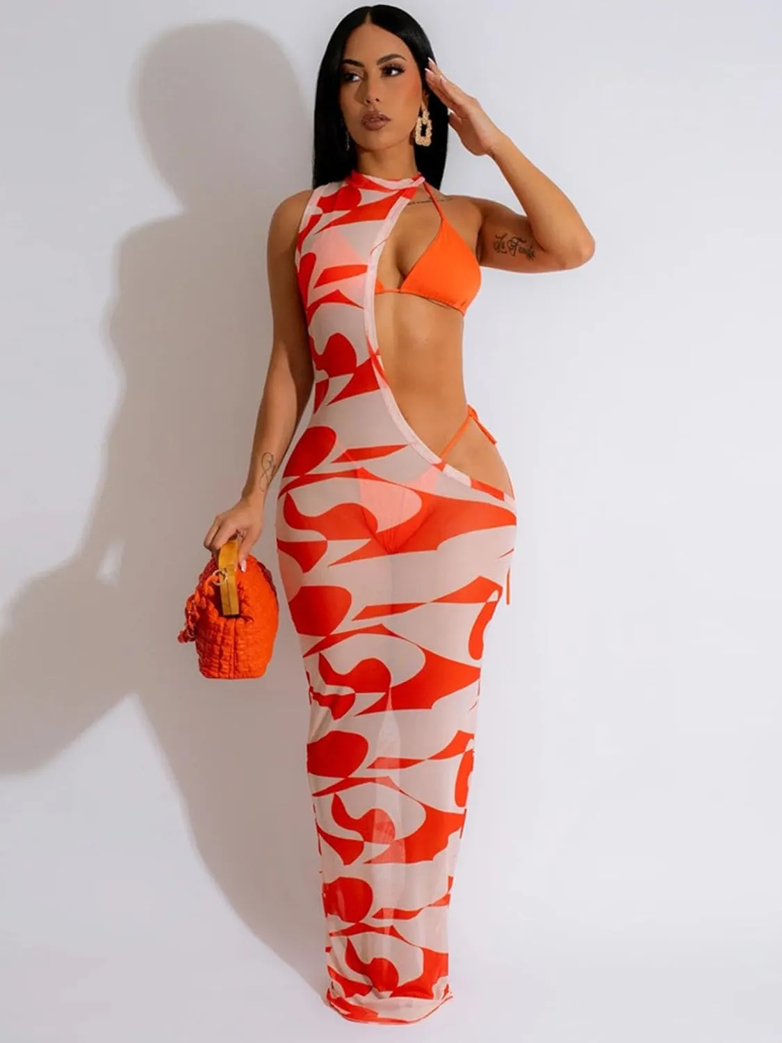 Women's Sexy Swimsuit 3 Piece Thong Bikini Set Triangle Halter Bathing Suit Sheer Mesh Beach Cover Up Maxi Dress