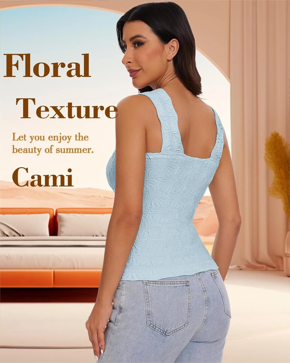 Women's Square Neck Wide Strap Crop Tank Tops Slim Fit Sleeveless Going Out Top Flower Lettuce Trim Cami Tops