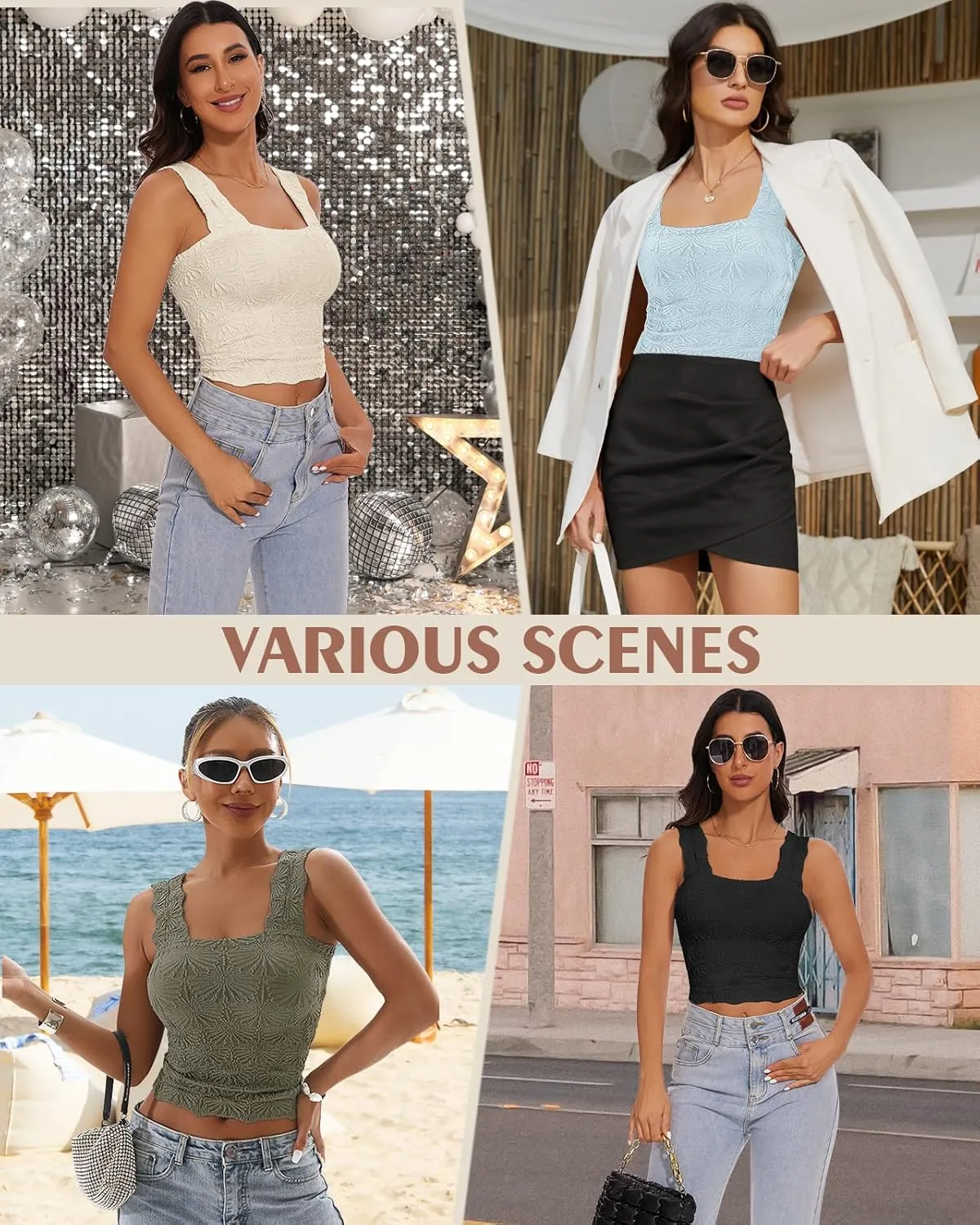 Women's Square Neck Wide Strap Crop Tank Tops Slim Fit Sleeveless Going Out Top Flower Lettuce Trim Cami Tops